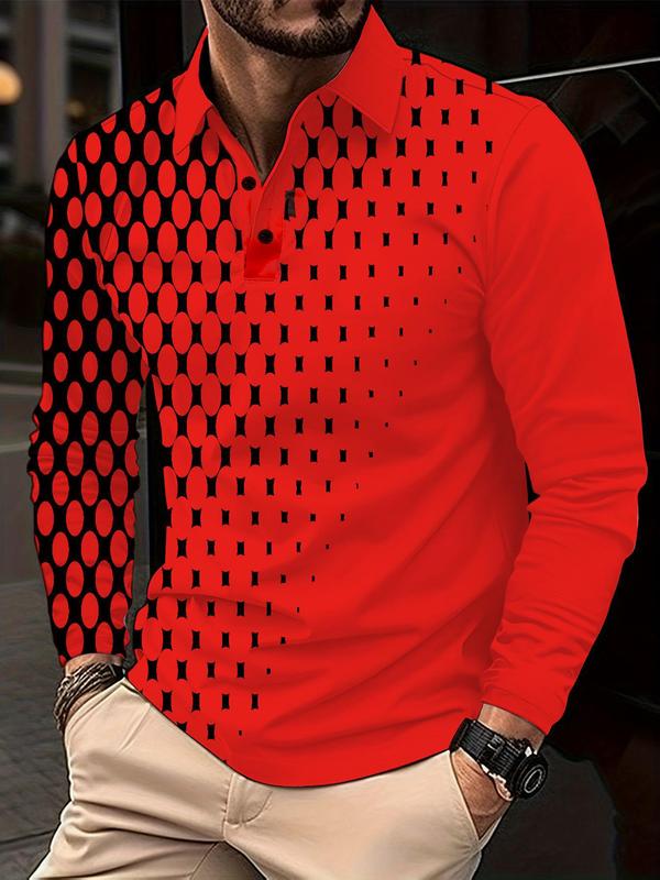 Men's Geometric Print Polo Shirt, Regular Fit Casual Long Sleeve Button Front Top for Spring & Fall, Fashion Men's Clothes for Daily Wear