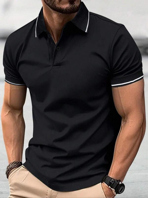 Men's Contrast Binding Short Sleeve Polo Shirt, Regular Fit Casual Button Front Collared Top for Summer, Fashion Men's Clothes for Daily Wear