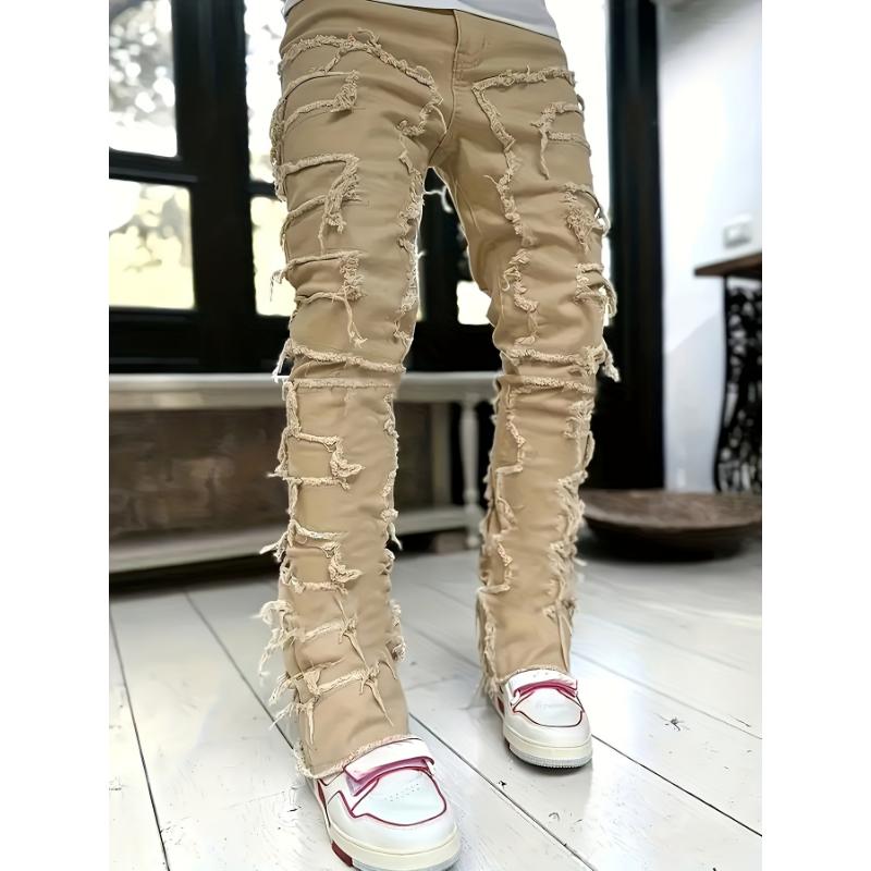 Men's Creative Tassel Straight Leg Jeans, Men's Casual Medium Stretch Street Style Hip Hop Barrel Jeans For All Seasons