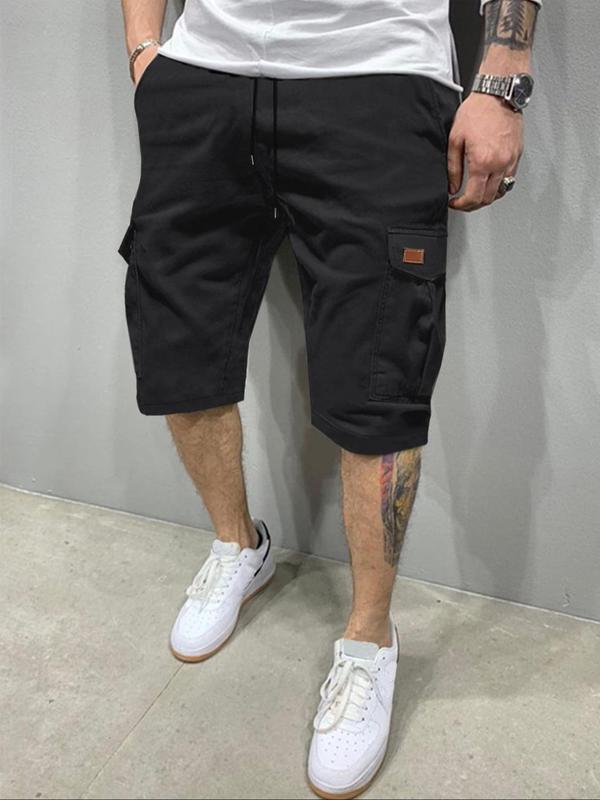 Plain Flap Pocket Patched Drawstring Waist Cargo Mens Shorts, Casual Streetwear, Gym Clothing, Straight Leg  Short Pants  for Summer, Woven Bottoms for Men