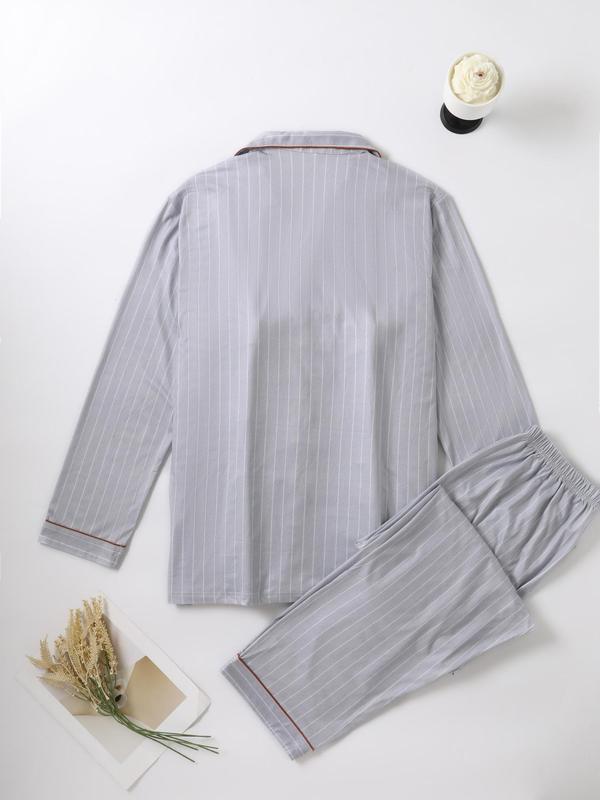 Two-Piece Set Men's Striped Print Contrast Binding Pajama Set, Casual Comfy Lapel Neck Long Sleeve Button Up Top & Elastic Waist Pants PJ Set, Men's Sleepwear for Spring & Fall