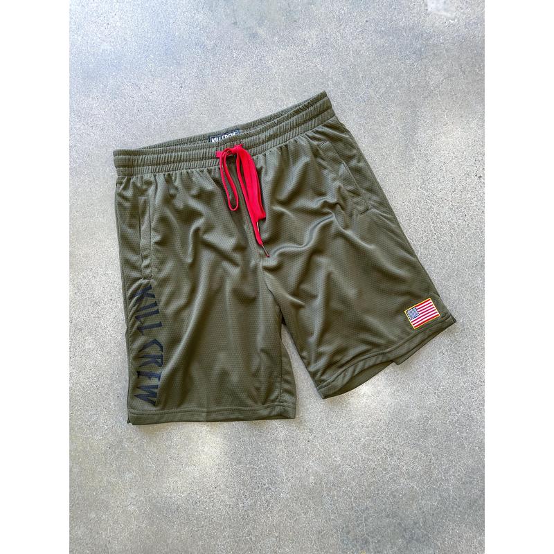 EMBROIDERED FLAG SHORTS - OLIVE