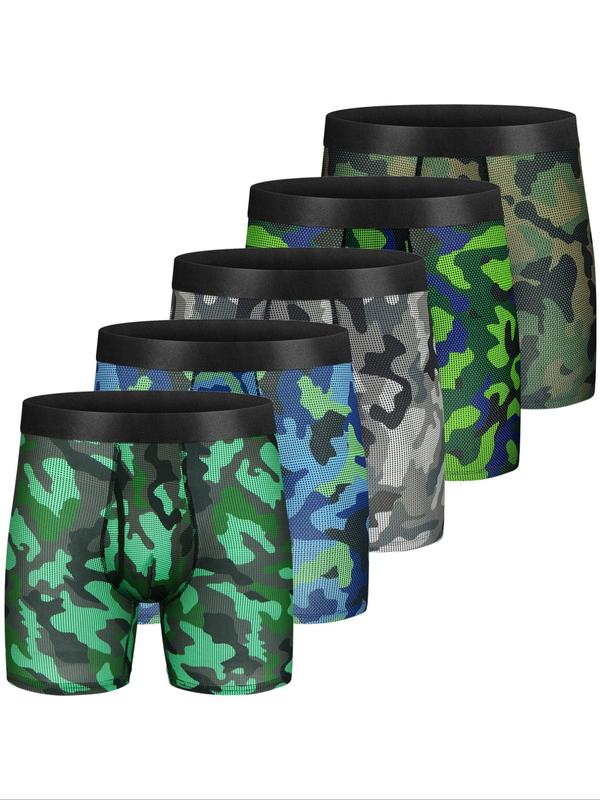 Men's 5pcs Camo Print Tape Waist Boxer Brief, Casual Comfy Breathable Underwear for Daily Wear, Soft Underwear for All Seasons