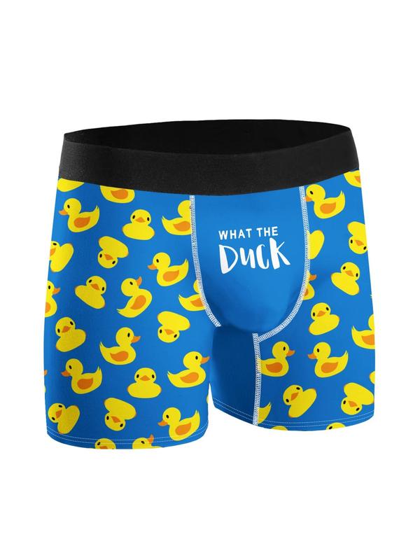 Men's Cartoon Duck & Letter Print Elastic Waist Boxer Brief, Slim Casual Soft Comfy Breathable Underwear for Daily Wear, Mens Underwear for All Seasons