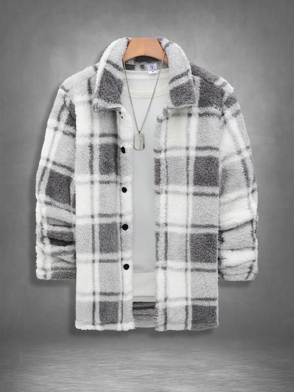 Men's Plaid Print Button Front Fuzzy Lounge Pajamas Jacket, Casual Long Sleeve Collared Outerwear for Fall & Winter, Men's Sleepwear for Daily Wear