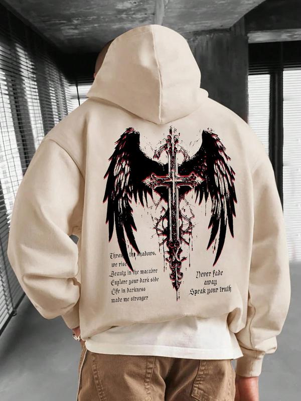 Men's Cross & Wings Print Pocket Drawstring Hoodie, Regular Fit Casual Drop Shoulder Long Sleeve Hooded Sweatshirt, Men's Fall & Winter Clothes