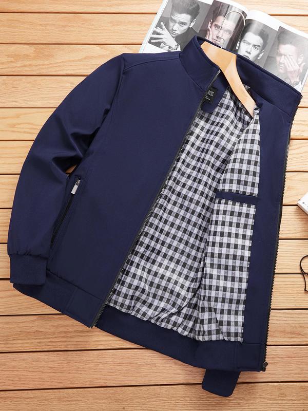 Men's Solid Pocket Zipper Jacket, Regular Fit Casual Long Sleeve Stand Collar Outerwear for Spring & Fall, Fashion Men's Clothes for Daily Wear