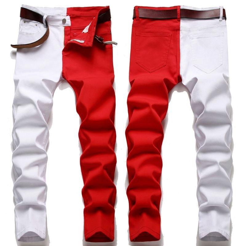 White Red and Black Stitching Men Jeans Slim Street Hip Hop