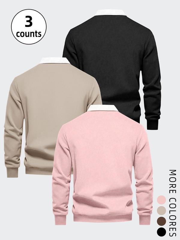 Men's Mixed Color Long Sleeve Polo Shirt, 2024 New Style Casual Regular Fit Warm Comfy Top for Fall & Winter, Men's Streetwear Clothes for Daily Wear