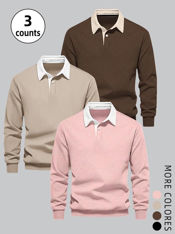 Men's Mixed Color Long Sleeve Polo Shirt, 2024 New Style Casual Regular Fit Warm Comfy Top for Fall & Winter, Men's Streetwear Clothes for Daily Wear