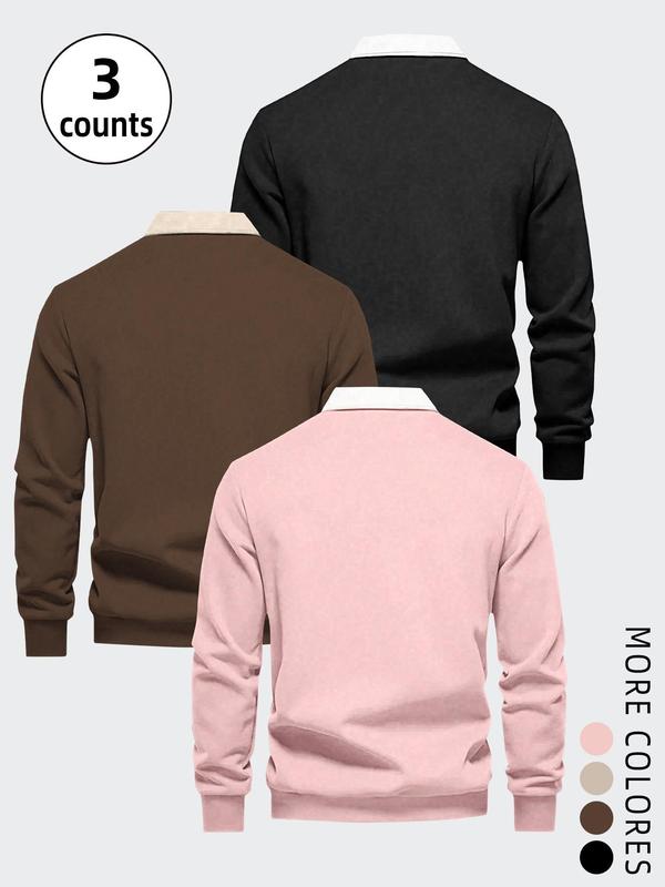 Men's Mixed Color Long Sleeve Polo Shirt, 2024 New Style Casual Regular Fit Warm Comfy Top for Fall & Winter, Men's Streetwear Clothes for Daily Wear