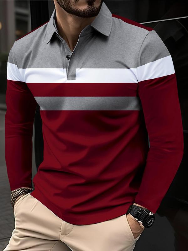 Men's Patchwork Print Long Sleeve Polo Shirt, Regular Fit Casual Button Front Collared Top for Fall & Winter, Polo Tee, Men's Clothes for Daily Wear Longsleeves