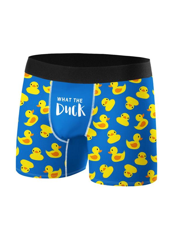 Men's Cartoon Duck & Letter Print Elastic Waist Boxer Brief, Slim Casual Soft Comfy Breathable Underwear for Daily Wear, Mens Underwear for All Seasons