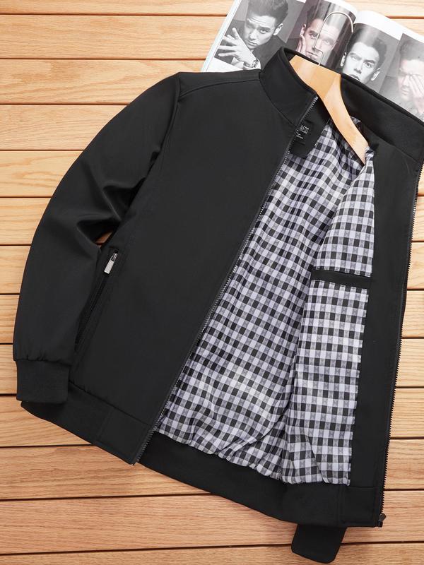 Men's Solid Pocket Zipper Jacket, Regular Fit Casual Long Sleeve Stand Collar Outerwear for Spring & Fall, Fashion Men's Clothes for Daily Wear