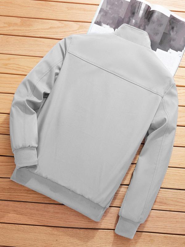 Men's Solid Pocket Zipper Jacket, Regular Fit Casual Long Sleeve Stand Collar Outerwear for Spring & Fall, Fashion Men's Clothes for Daily Wear