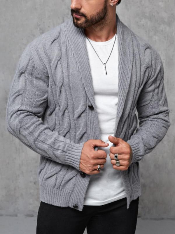 Men's Solid Button Front Cable Knit Cardigan, Regular Fit Casual Long Sleeve Shawl Collar Knitwear for Fall & Winter, Cardigan Sweater, Men's Knit Clothing for Daily Wear, Fall Outfits, Fallfreshness