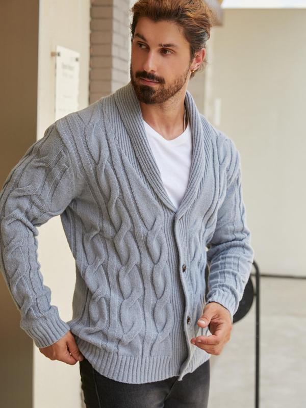 Men's Solid Button Front Cable Knit Cardigan, Regular Fit Casual Long Sleeve Shawl Collar Knitwear for Fall & Winter, Cardigan Sweater, Men's Knit Clothing for Daily Wear, Fall Outfits, Fallfreshness