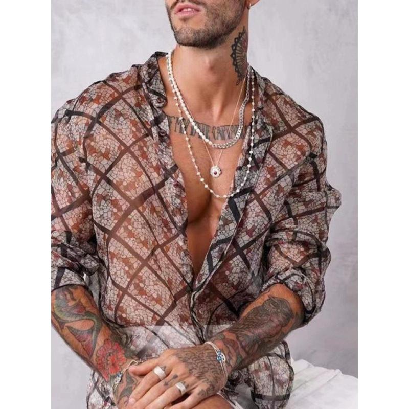 Light and Thin Mesh Printed Shirt for Men Lightweight Mesh Floral Print Shirt for Men