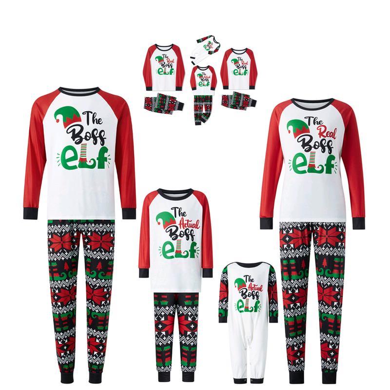 Red Matching Christmas Pajamas For Family Long Sleeve Christmas Hat Print Tops + Pattern Print Pants