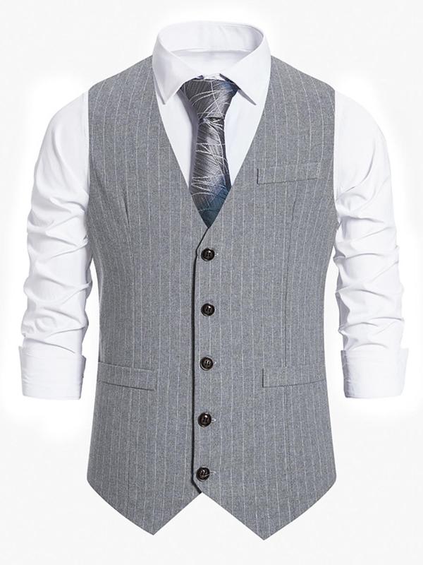 Men's Slim Striped Print Button Front Suit Vest Without Shirt & Tie, Business Formal V Neck Suit Vest for Daily Office Work Wear, Men's Clothing for Spring & Fall