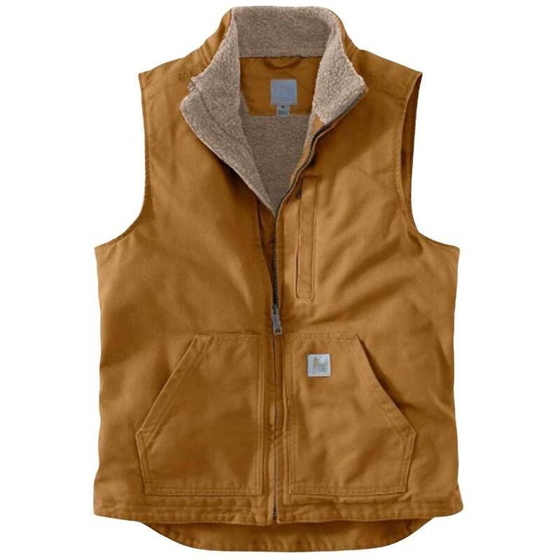 Men's Brown Washed Duck Sherpa Lined Mock Neck Work Vest - 104277-BRN