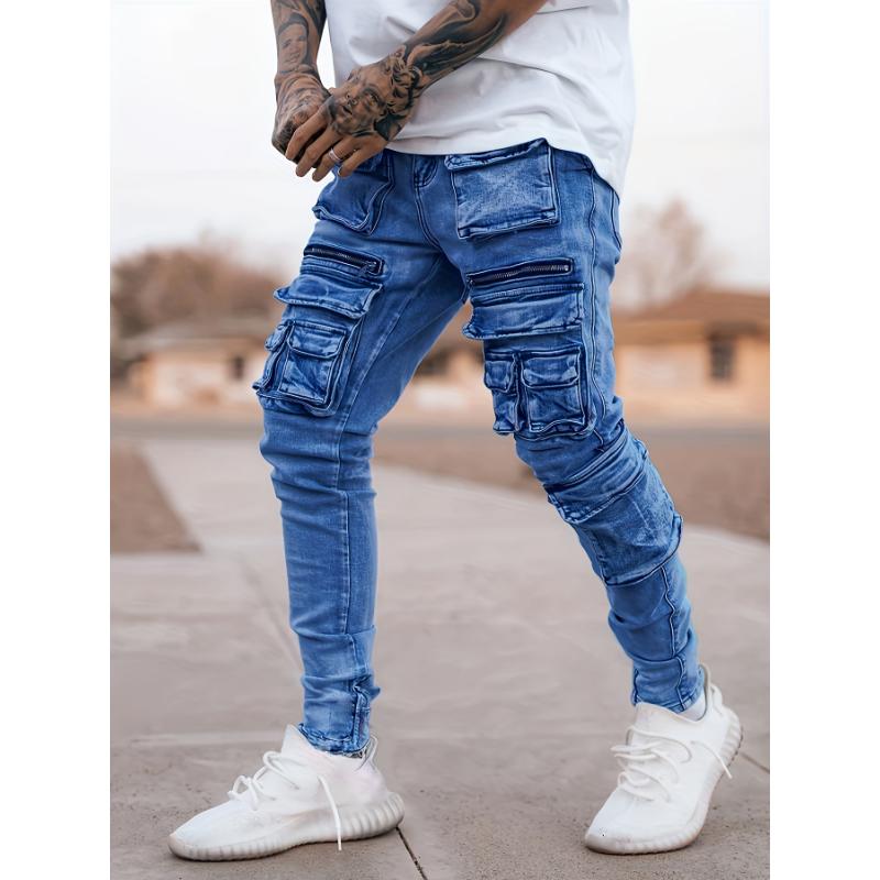 Stylish Multi-Pocket Skinny Fit Cargo Denim Pants - Fashionable Street Wear with Multiple Compartments, Comfortable Leisure Trousers for Everyday Activities - Versatile, Durable, and Fashion-Forward Design Jean