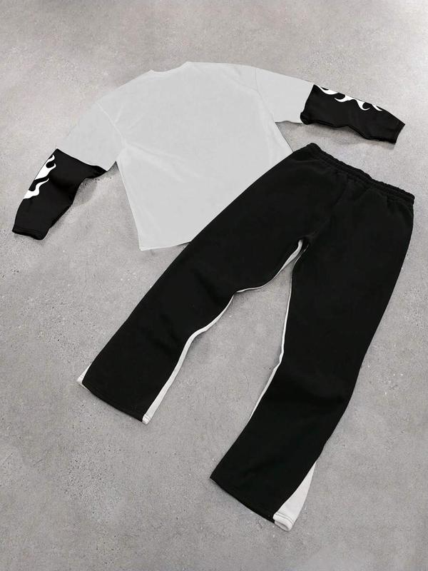 Men's Letter & Fire Print Drop Shoulder Sweatshirt & Drawstring Waist Sweatpants Two-piece Set, Regular Fit Casual Fashion Cozy Breathable Two Piece Outfits for Daily Workout Running, Men's Clothes for Fall & Winter