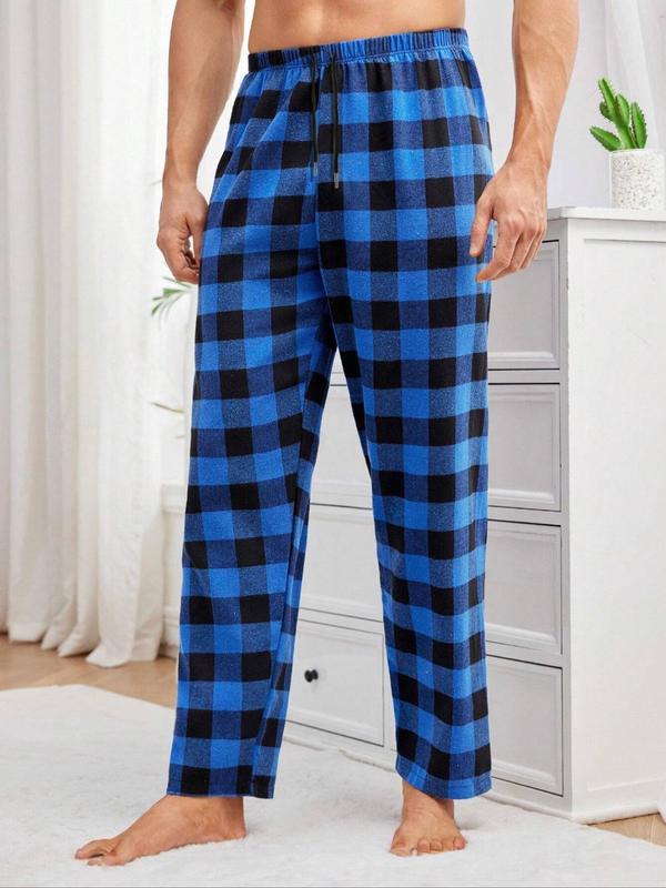 Men's 2pcs Plaid Print Drawstring Waist Sleep Pants, Casual Comfy Elastic Waist Pocket Design Pajama Pants, Sleepwear Bottoms for All Seasons