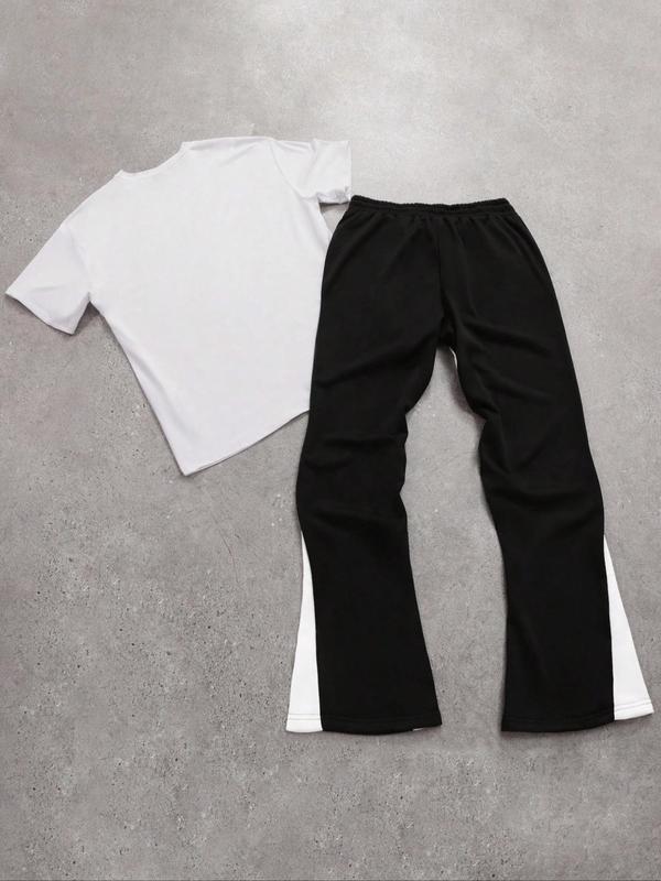 Two-Piece Set Men's Figure Graphic Tee & Colorblock Drawstring Waist Flare Leg Sweatpants, Regular Fit Round Neck Short Sleeve T-Shirt & Bell Bottom Trousers, Casual Fashion Cozy Breathable Men Two-Piece Outfits for All Seasons