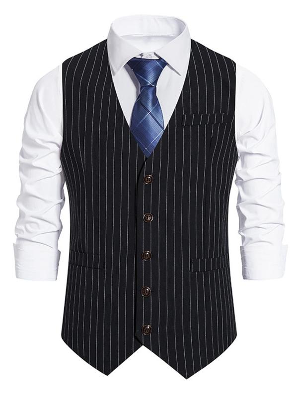 Men's Slim Striped Print Button Front Suit Vest Without Shirt & Tie, Business Formal V Neck Suit Vest for Daily Office Work Wear, Men's Clothing for Spring & Fall