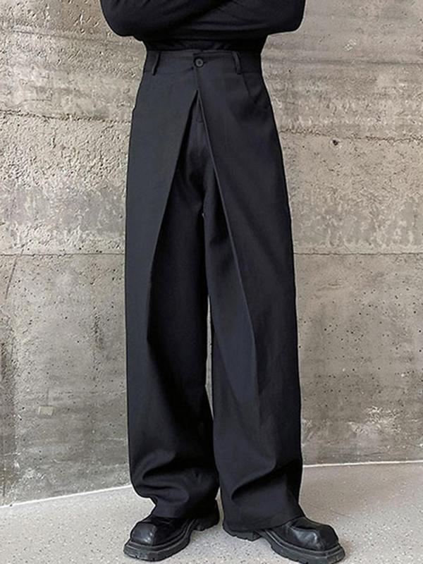 Men's Solid Pocket Plicated Wide Leg Pants, Loose Casual Comfy Elastic Waist Trousers for Fall, Men Bottoms for Daily Wear