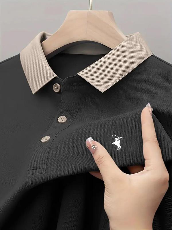 Men's Regular Fit Colorblock Contrast Binding Polo Shirt, Casual Short Sleeve Button Collar Top for Summer, Fashion Men's Clothes for Daily Wear