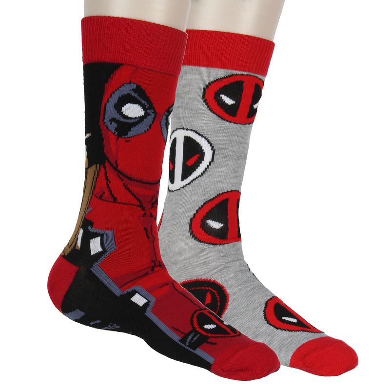 Deadpool Socks Marvel Comics Deadpool Character Face and Logo X-Force Novelty 2 Pack Men's Knit Crew Socks Shoe Size 6-12