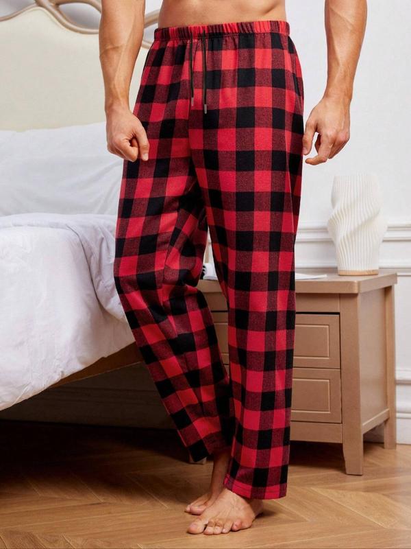 Men's 2pcs Plaid Print Drawstring Waist Sleep Pants, Casual Comfy Elastic Waist Pocket Design Pajama Pants, Sleepwear Bottoms for All Seasons