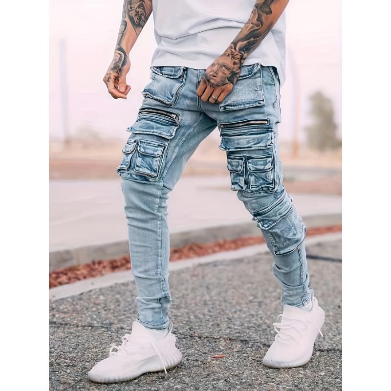 Stylish Multi-Pocket Skinny Fit Cargo Denim Pants - Fashionable Street Wear with Multiple Compartments, Comfortable Leisure Trousers for Everyday Activities - Versatile, Durable, and Fashion-Forward Design Jean