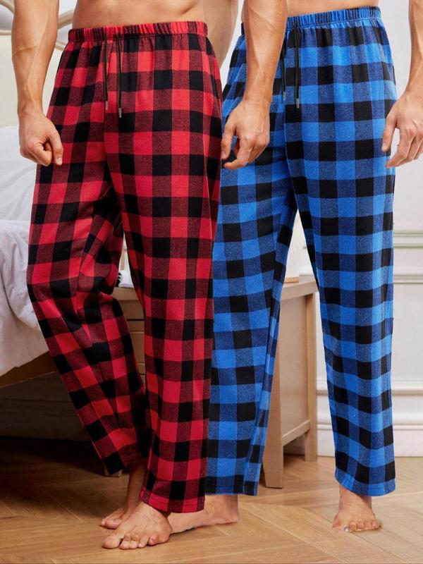 Men's 2pcs Plaid Print Drawstring Waist Sleep Pants, Casual Comfy Elastic Waist Pocket Design Pajama Pants, Sleepwear Bottoms for All Seasons