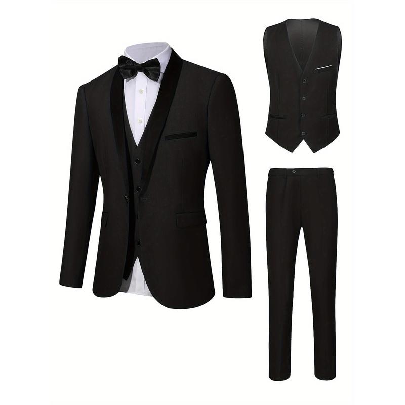 3-piece Men's Formal Dress Outfit Set - Men's Long Sleeve One Button Shawl Collar Jacket With Pockets & Slim Fit Pants Set -  For Weddings & Banquets - For Men -  Suitable for Formal Occasions