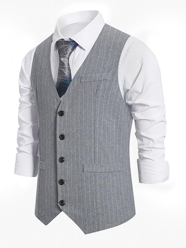 Men's Slim Striped Print Button Front Suit Vest Without Shirt & Tie, Business Formal V Neck Suit Vest for Daily Office Work Wear, Men's Clothing for Spring & Fall