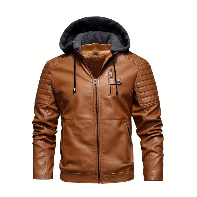 Windproof PU Leather Men's Softshell Jacket With Hood For Casual Outings, Cycling, And Outdoor Activities In Autumn Winter