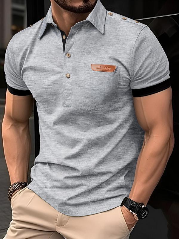 Men's Regular Fit Letter Patched Contrast Binding Polo Shirt, Casual Short Sleeve Button Front Top for Summer, Streetwear for Daily Wear