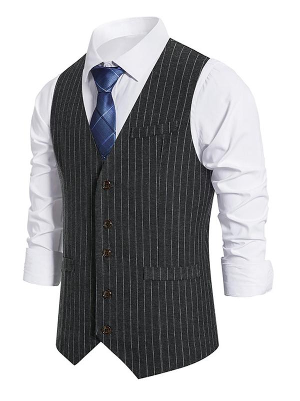 Men's Slim Striped Print Button Front Suit Vest Without Shirt & Tie, Business Formal V Neck Suit Vest for Daily Office Work Wear, Men's Clothing for Spring & Fall