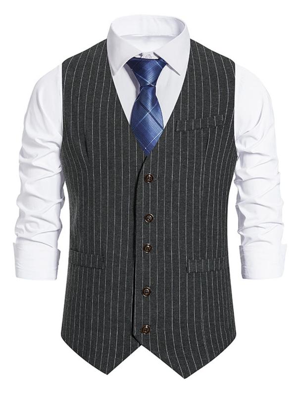 Men's Slim Striped Print Button Front Suit Vest Without Shirt & Tie, Business Formal V Neck Suit Vest for Daily Office Work Wear, Men's Clothing for Spring & Fall