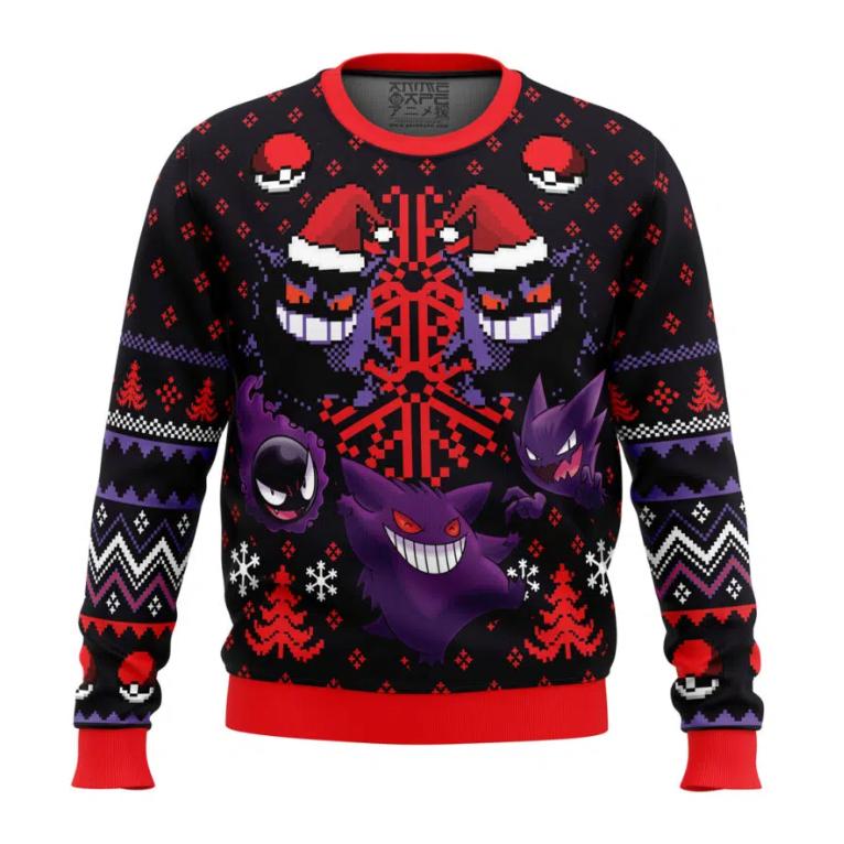 [Gifnestbuys ]-Ghosts Gengar Ghastly Pokemon  Ugly Christmas Sweater  K13NY