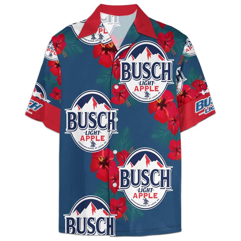 Hawaii Shirt Busch Light Apple Logo Hibiscus Flower Pattern Blue Red Hawaiian Aloha Shirt