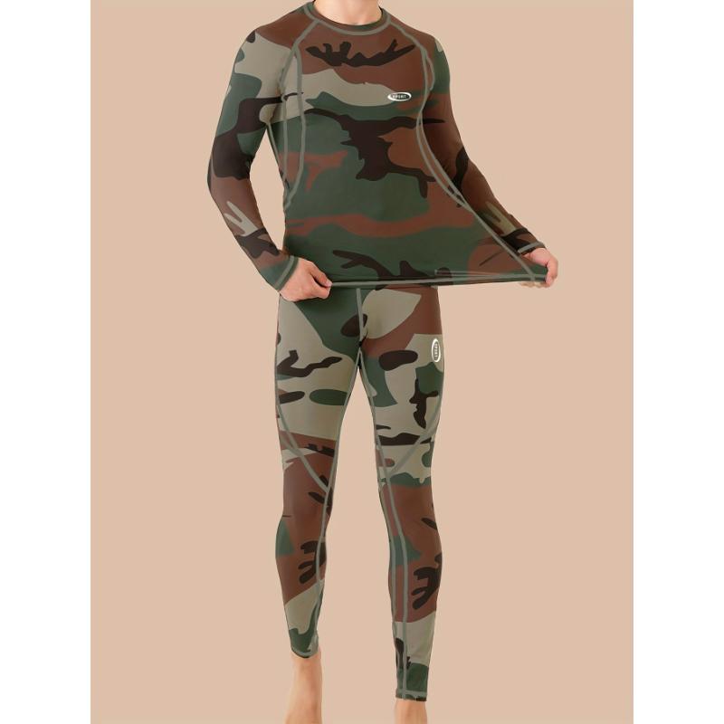 Thickened Camouflage Print Thermal Underwear For Men, Long Johns Set With Fleece, Winter Hunting Outdoor Running Cycling Ski Equipment Sports Yoga Fitness Base Layer Sport Top & Bottom