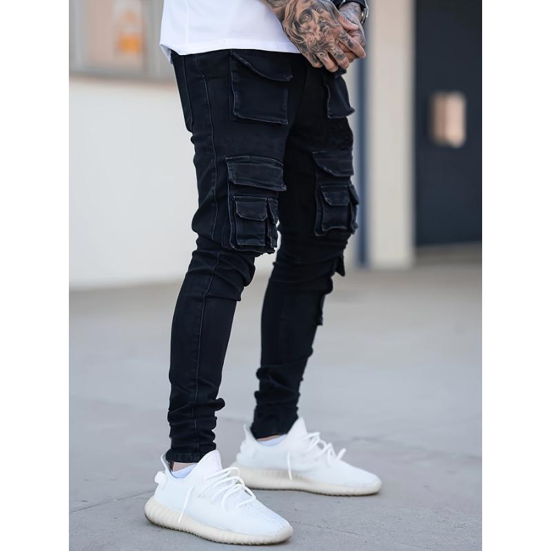 Stylish Multi-Pocket Skinny Fit Cargo Denim Pants - Fashionable Street Wear with Multiple Compartments, Comfortable Leisure Trousers for Everyday Activities - Versatile, Durable, and Fashion-Forward Design Jean