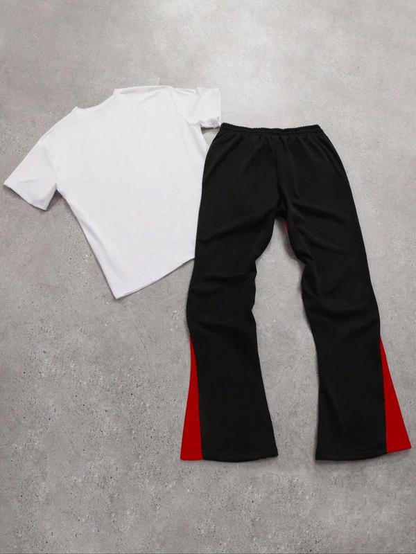 Two-Piece Set Men's Figure Graphic Tee & Colorblock Drawstring Waist Flare Leg Sweatpants, Regular Fit Round Neck Short Sleeve T-Shirt & Bell Bottom Trousers, Casual Fashion Cozy Breathable Men Two-Piece Outfits for All Seasons