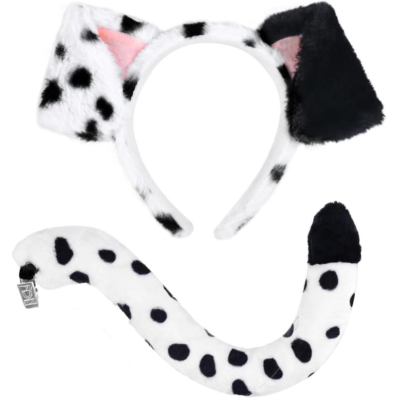 101 Days Dalmatian Costume Include Puppy Ears Headband Tail for Halloween Party Dress Up Fabric Soft