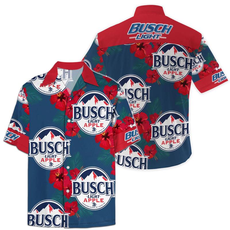 Hawaii Shirt Busch Light Apple Logo Hibiscus Flower Pattern Blue Red Hawaiian Aloha Shirt