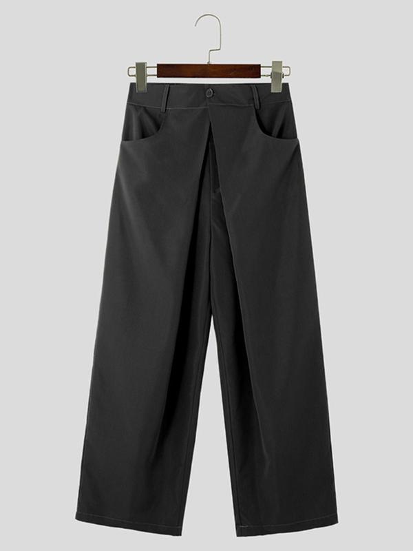 Men's Solid Pocket Plicated Wide Leg Pants, Loose Casual Comfy Elastic Waist Trousers for Fall, Men Bottoms for Daily Wear